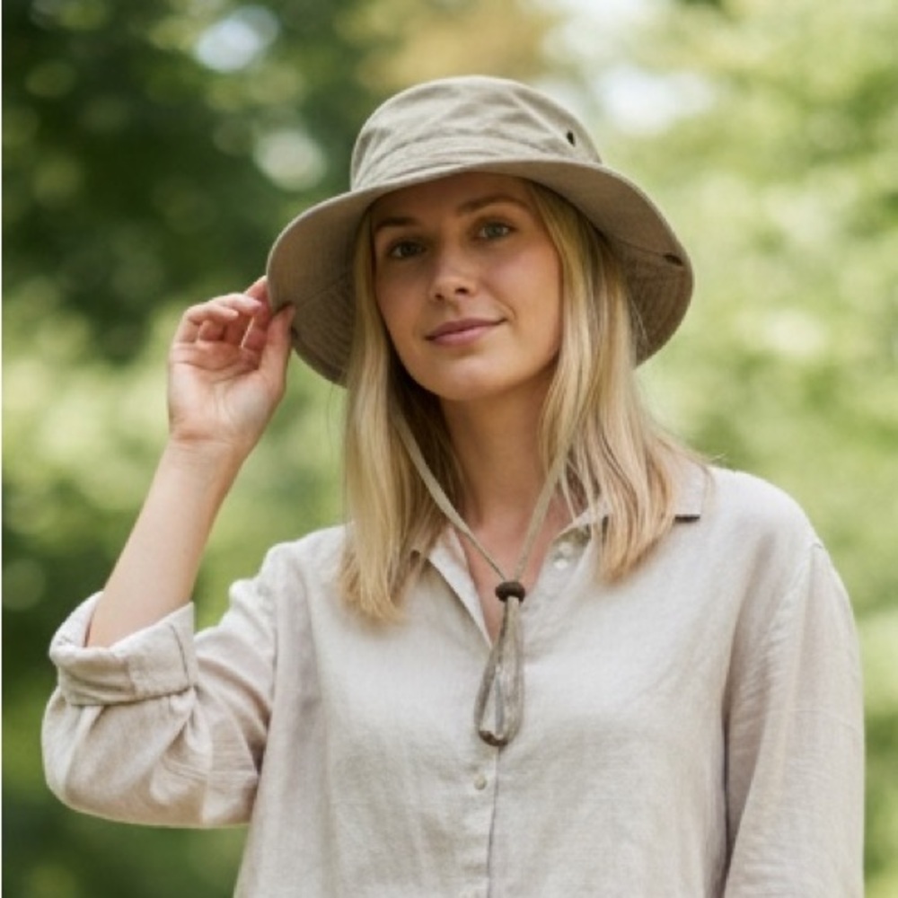 𝅺DPC Sun hat 100% , tan , chin strap, in good condition